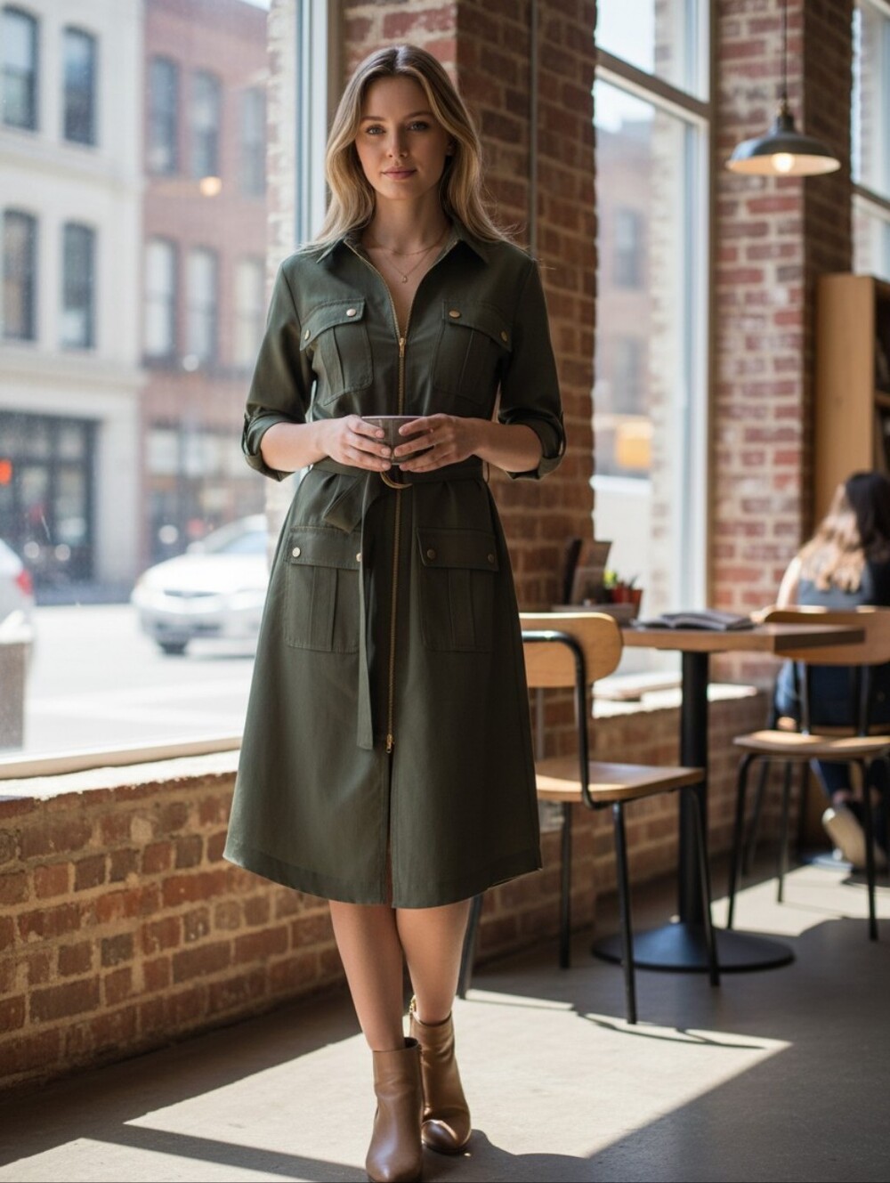 Sharagano Olive Utility Shirt Dress Coat with Belt Size 16
